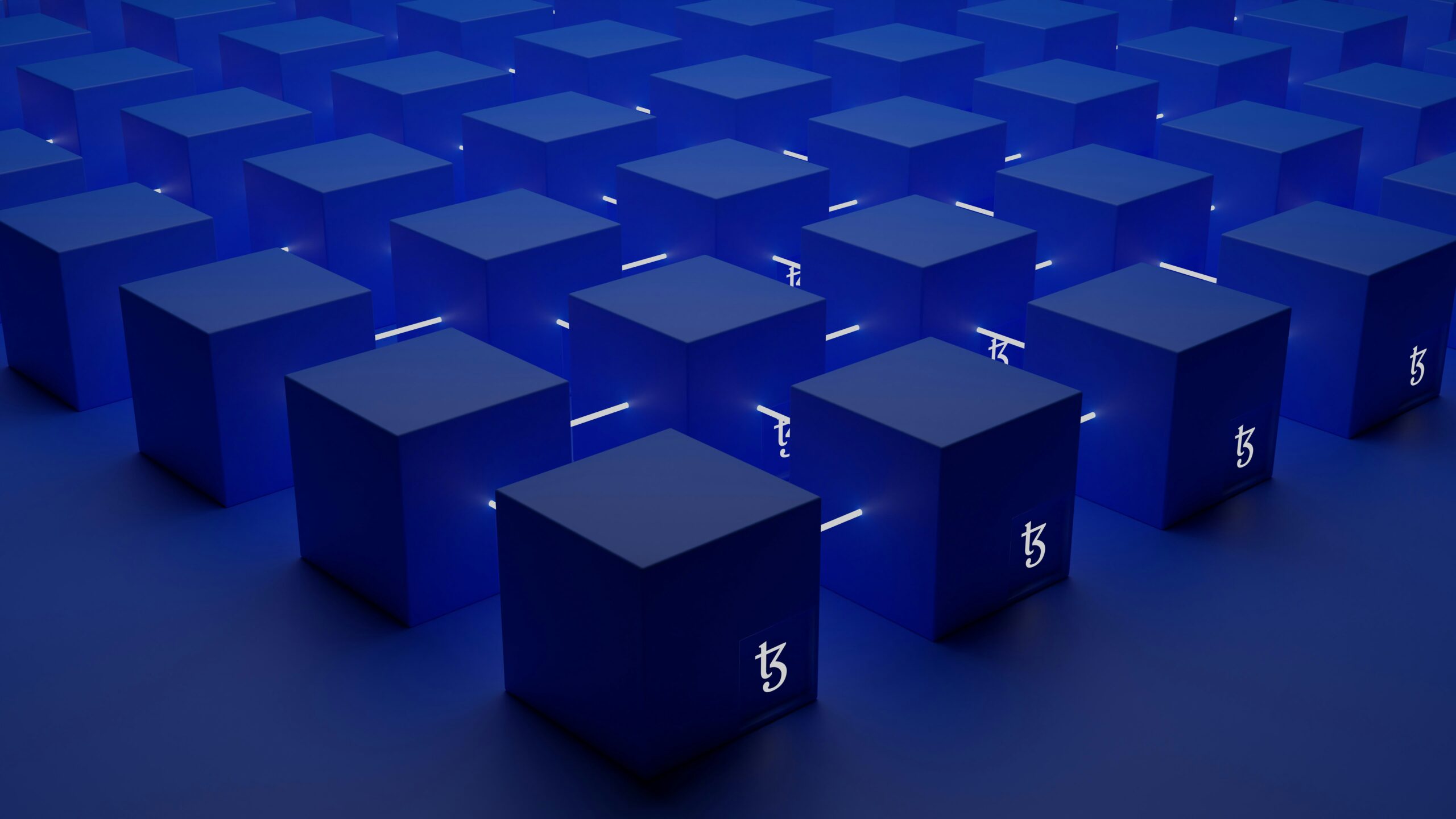 A group of blue cubes with numbers on them.